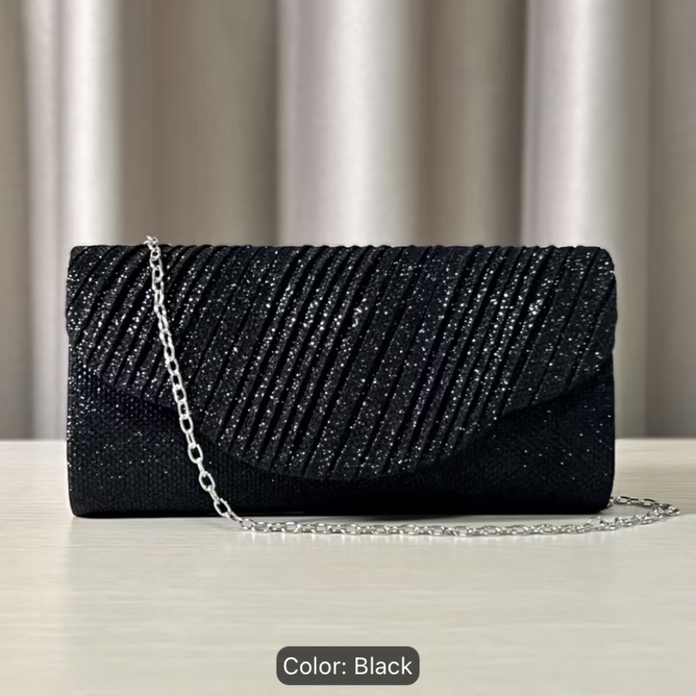 Elegant Black Glitter Evening Clutch with Chain Strap